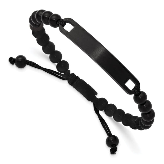 MJ Stainless Steel Brushed Black IP-plated 6mm Beaded Black Nylon 6.25 inch to 8 inch Adjustable ID Bracelet