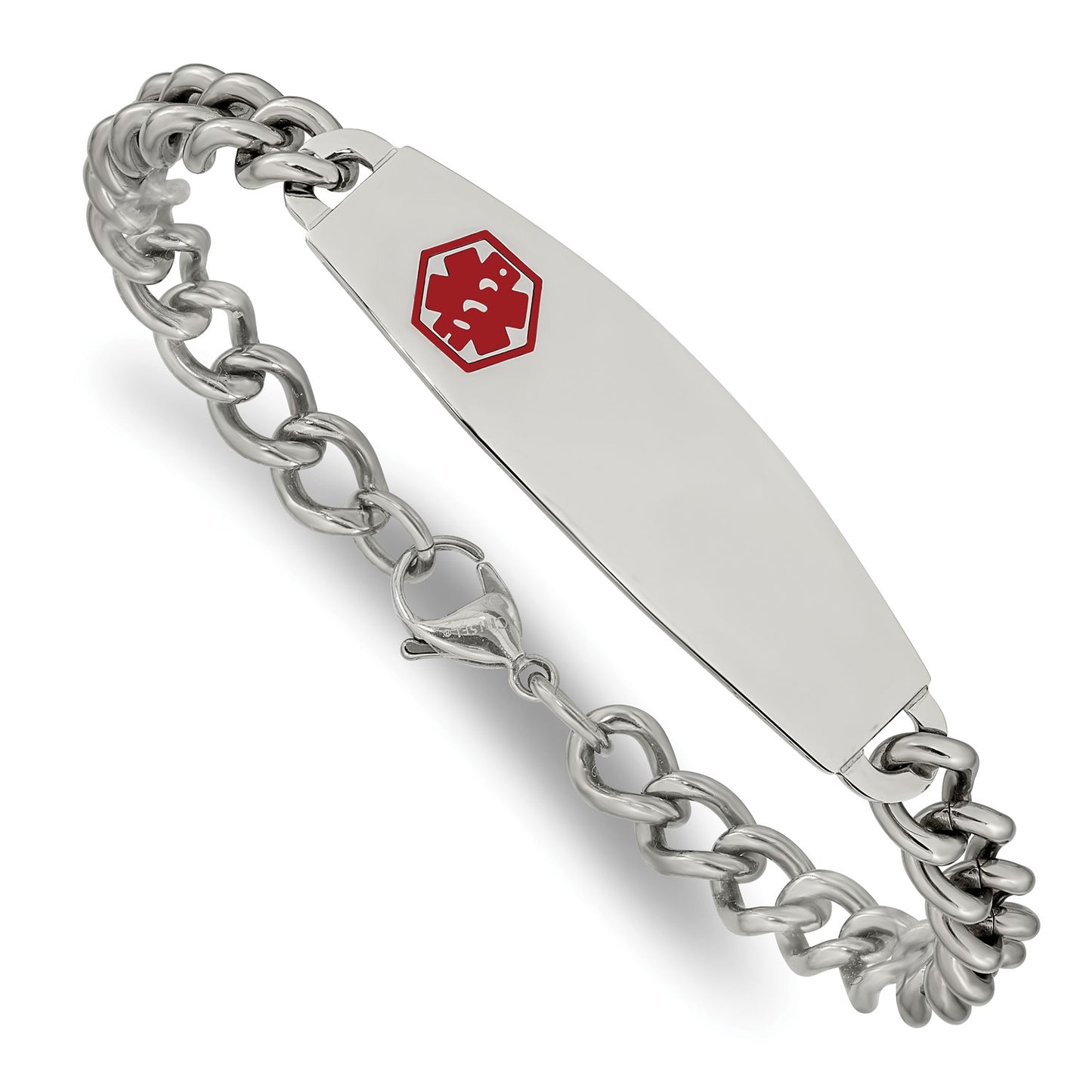 MJ Stainless Steel Polished with Red Enamel Medical ID 8.5 inch Curb Chain Bracelet