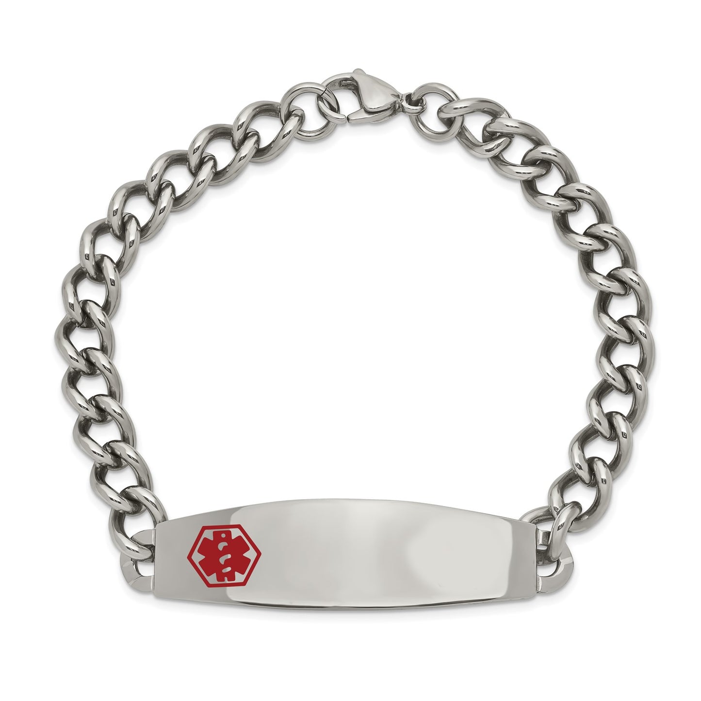 MJ Stainless Steel Polished with Red Enamel Medical ID 8.5 inch Curb Chain Bracelet