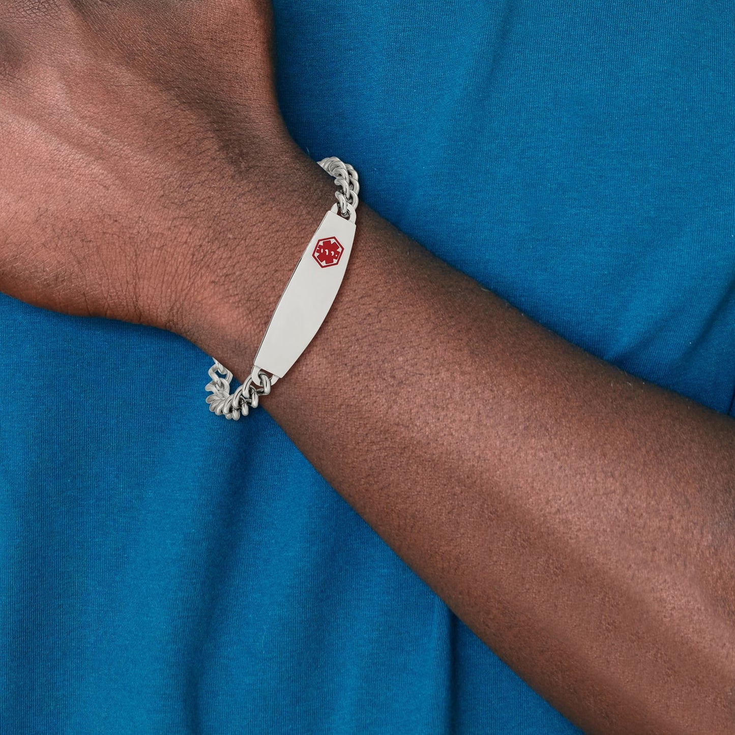 MJ Stainless Steel Polished with Red Enamel Medical ID 8.5 inch Curb Chain Bracelet