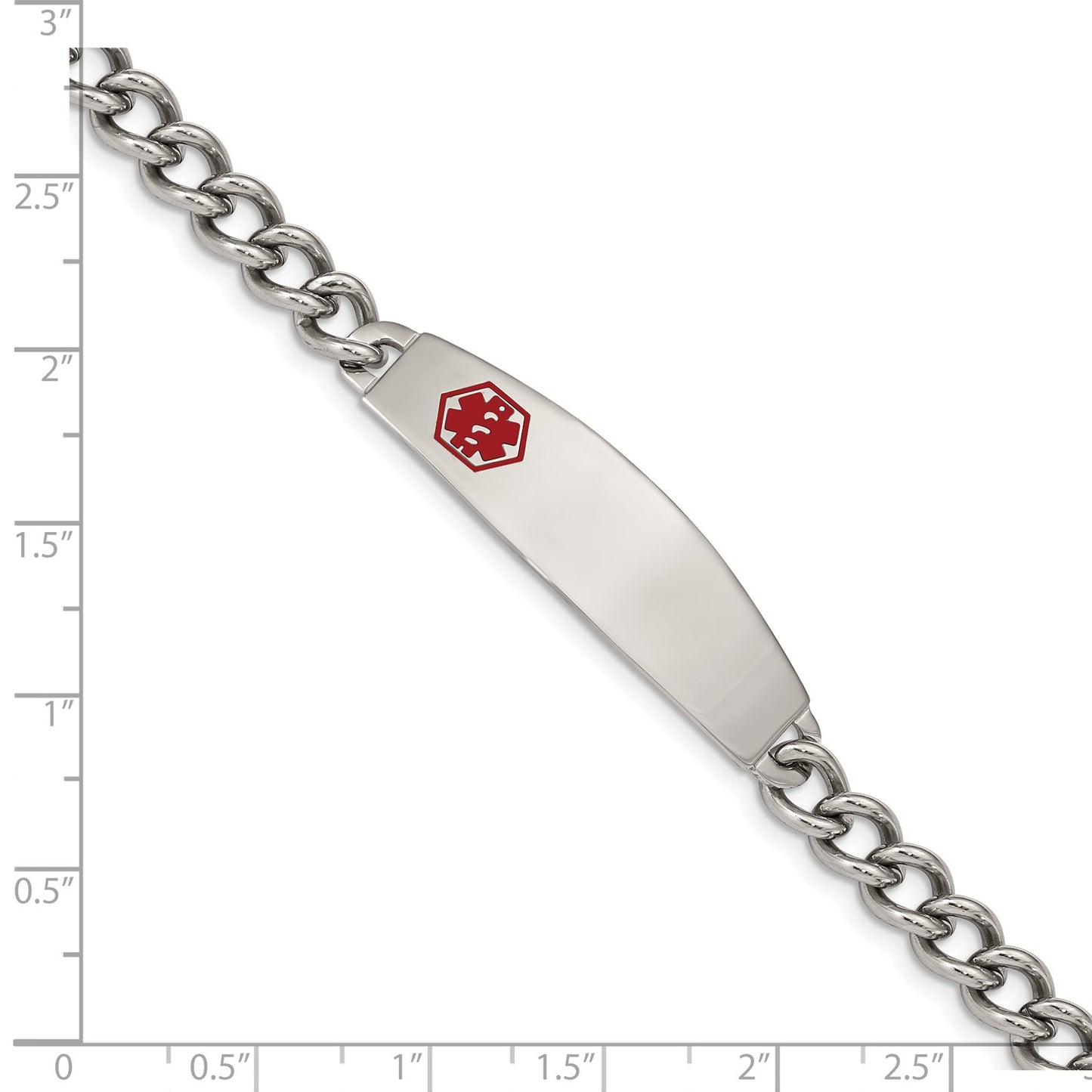MJ Stainless Steel Polished with Red Enamel Medical ID 8.5 inch Curb Chain Bracelet