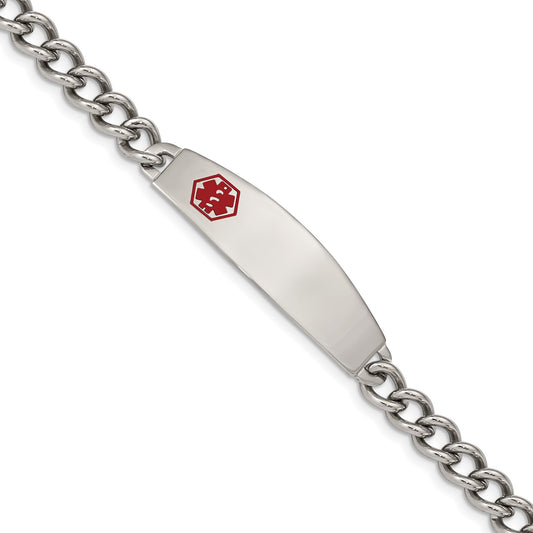 MJ Stainless Steel Polished with Red Enamel Medical ID 8.5 inch Curb Chain Bracelet
