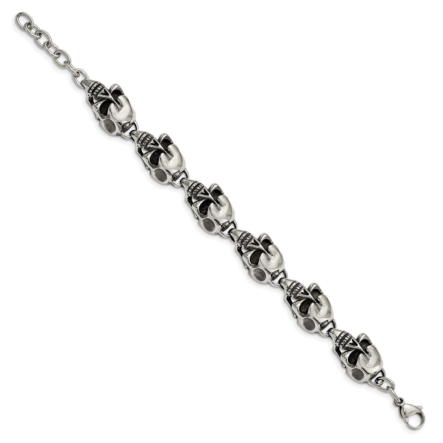 MJ Stainless Steel Antiqued and Polished Skull Link 8.5 inch Bracelet