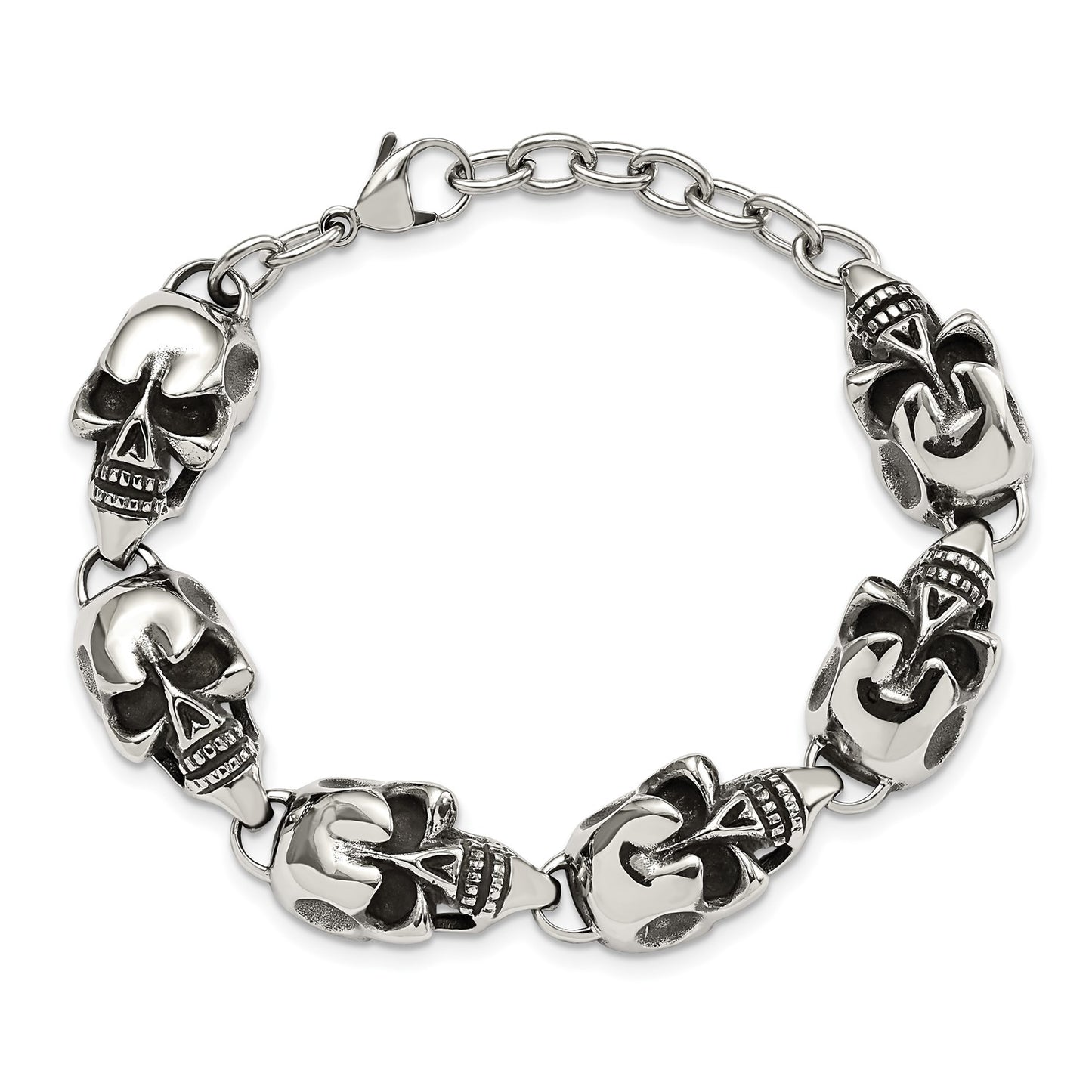 MJ Stainless Steel Antiqued and Polished Skull Link 8.5 inch Bracelet