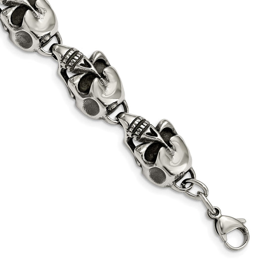 MJ Stainless Steel Antiqued and Polished Skull Link 8.5 inch Bracelet