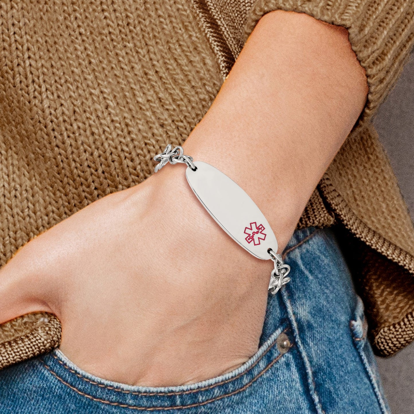 MJ Stainless Steel Polished with Red Enamel Medical ID 7.25 inch Open Link Bracelet