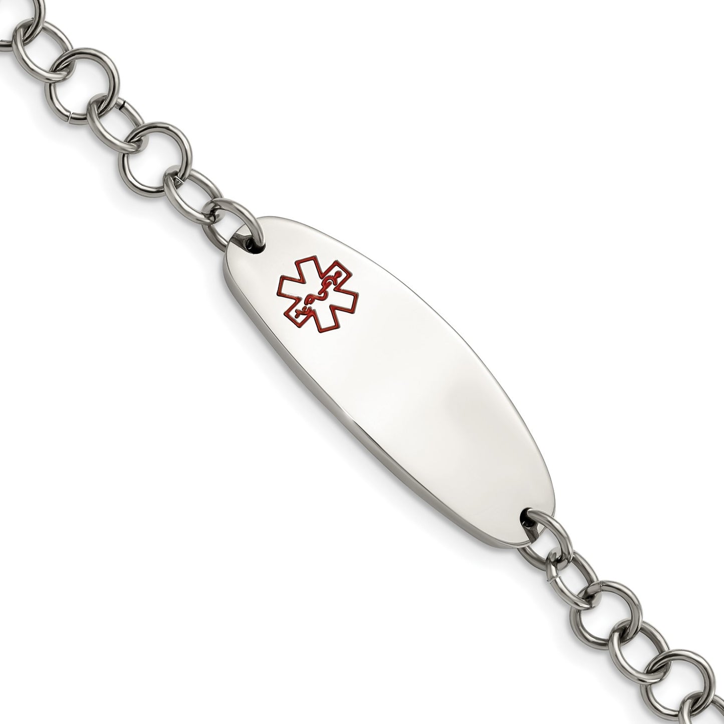 MJ Stainless Steel Polished with Red Enamel Medical ID 7.25 inch Open Link Bracelet