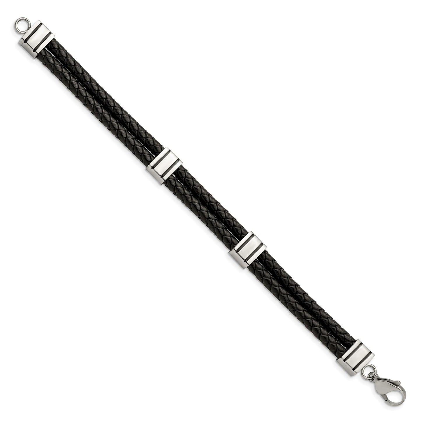 MJ Stainless Steel Polished Braided 2 Strand Black Braided Leather 9 inch Bracelet