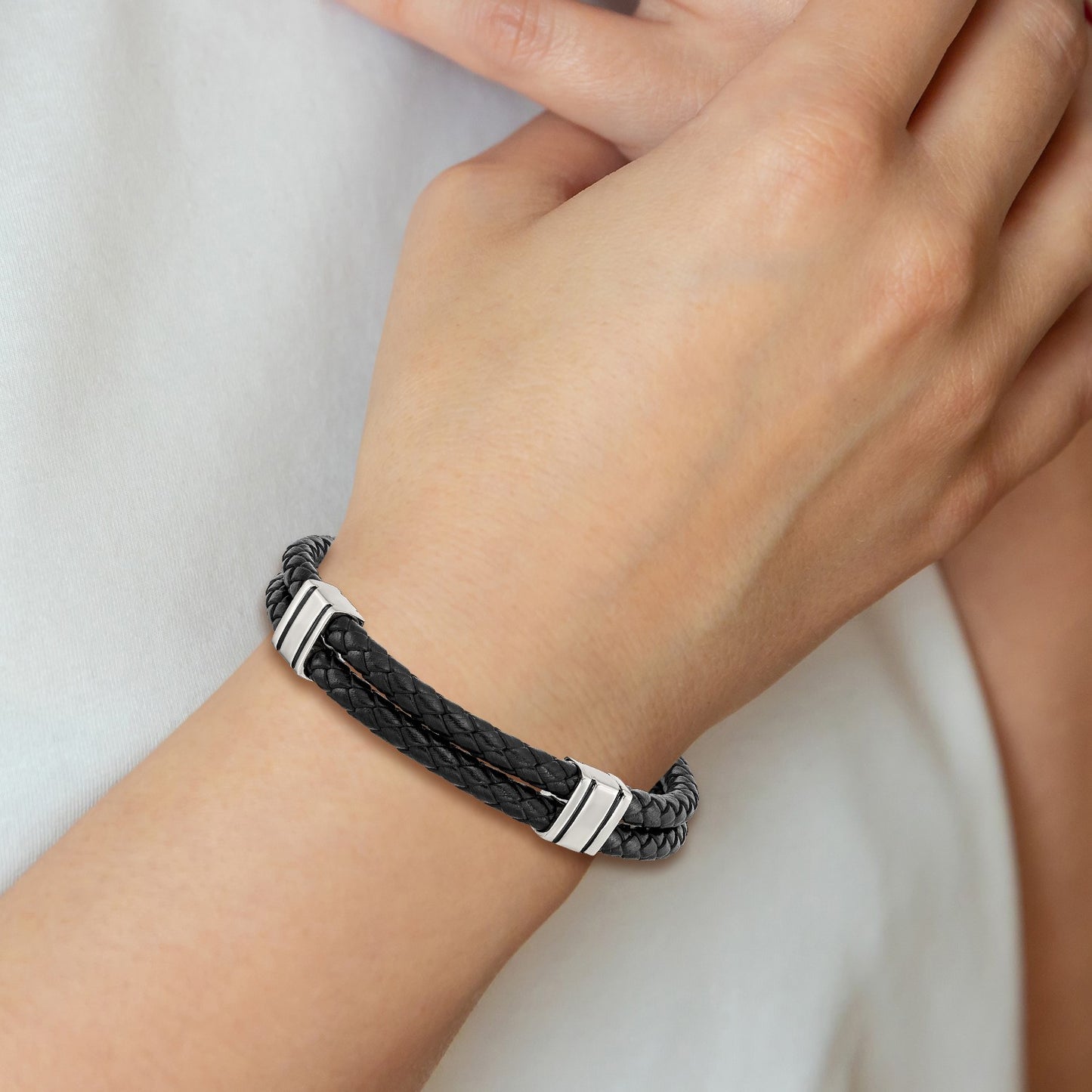 MJ Stainless Steel Polished Braided 2 Strand Black Braided Leather 9 inch Bracelet