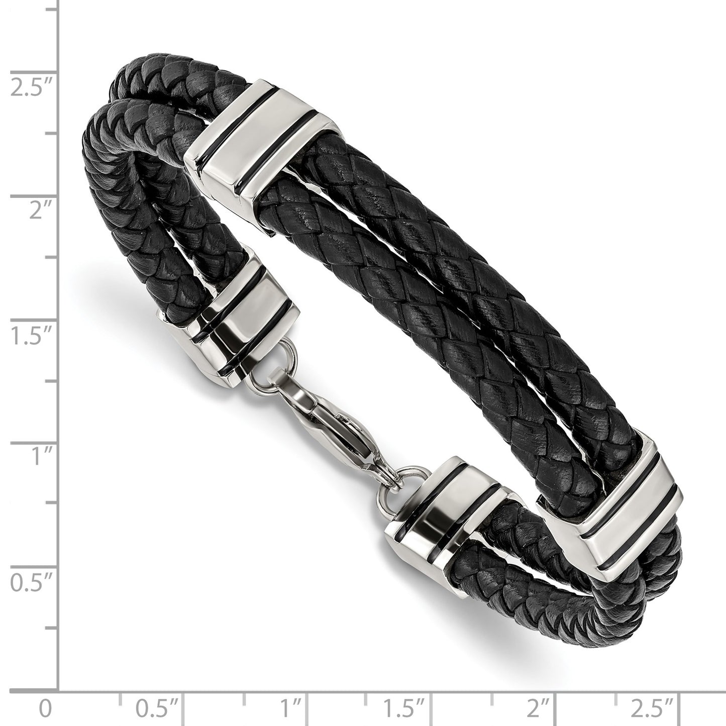 MJ Stainless Steel Polished Braided 2 Strand Black Braided Leather 9 inch Bracelet
