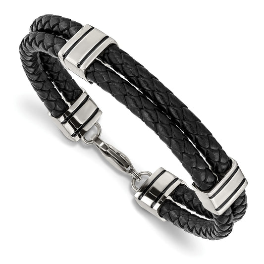 MJ Stainless Steel Polished Braided 2 Strand Black Braided Leather 9 inch Bracelet