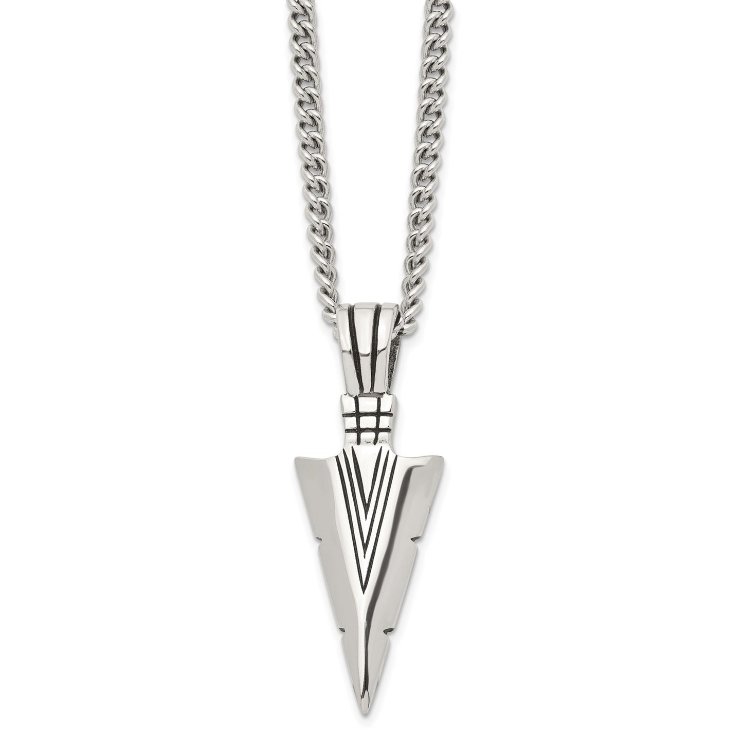 MJ Stainless Steel Antiqued and Polished Dagger Pendant on a 22 inch Curb Chain Necklace