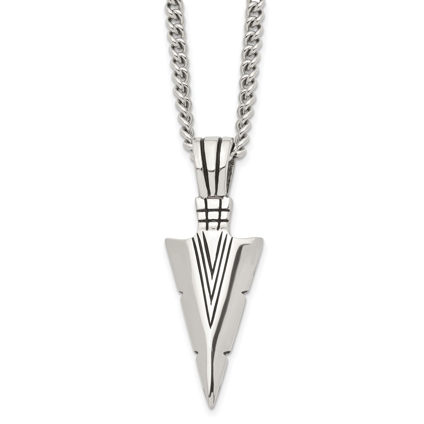 MJ Stainless Steel Antiqued and Polished Dagger Pendant on a 22 inch Curb Chain Necklace