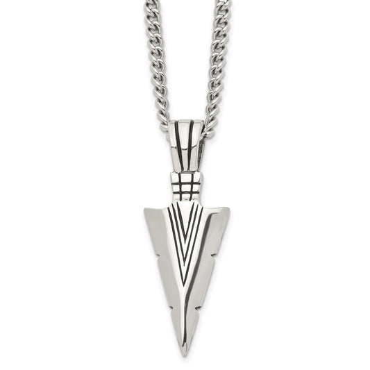 MJ Stainless Steel Antiqued and Polished Dagger Pendant on a 22 inch Curb Chain Necklace
