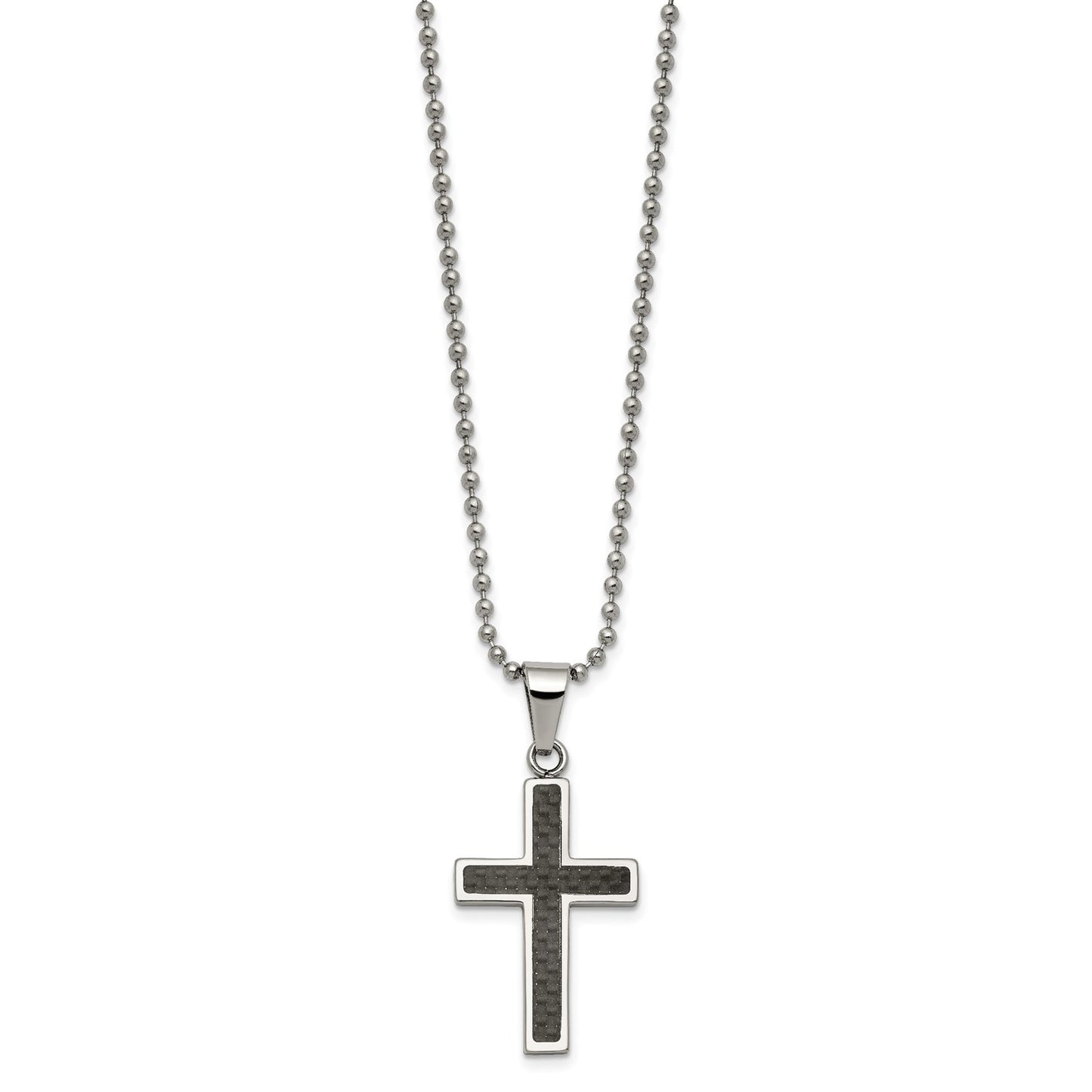 MJ Stainless Steel Polished with Black Carbon Fiber Inlay Cross Pendant on a 22 inch Ball Chain Necklace