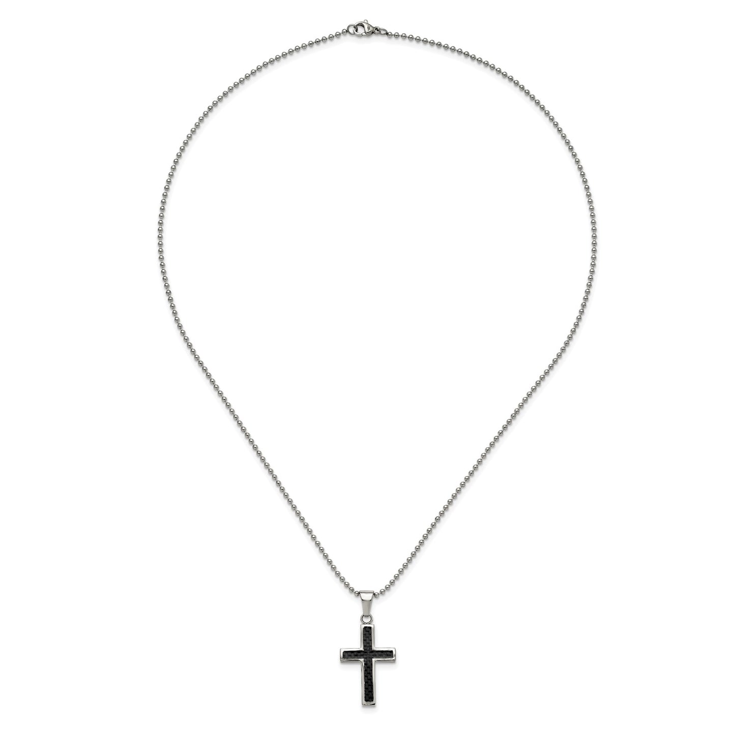 MJ Stainless Steel Polished with Black Carbon Fiber Inlay Cross Pendant on a 22 inch Ball Chain Necklace