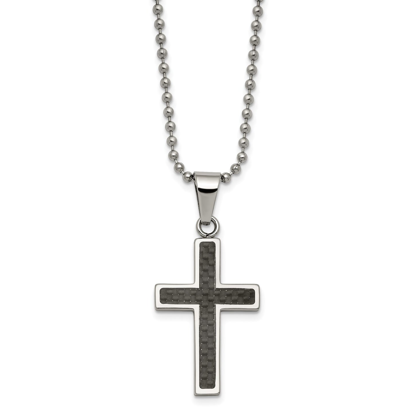 MJ Stainless Steel Polished with Black Carbon Fiber Inlay Cross Pendant on a 22 inch Ball Chain Necklace