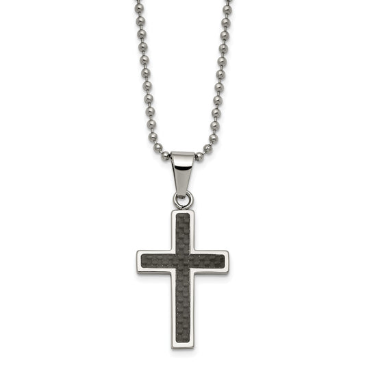MJ Stainless Steel Polished with Black Carbon Fiber Inlay Cross Pendant on a 22 inch Ball Chain Necklace
