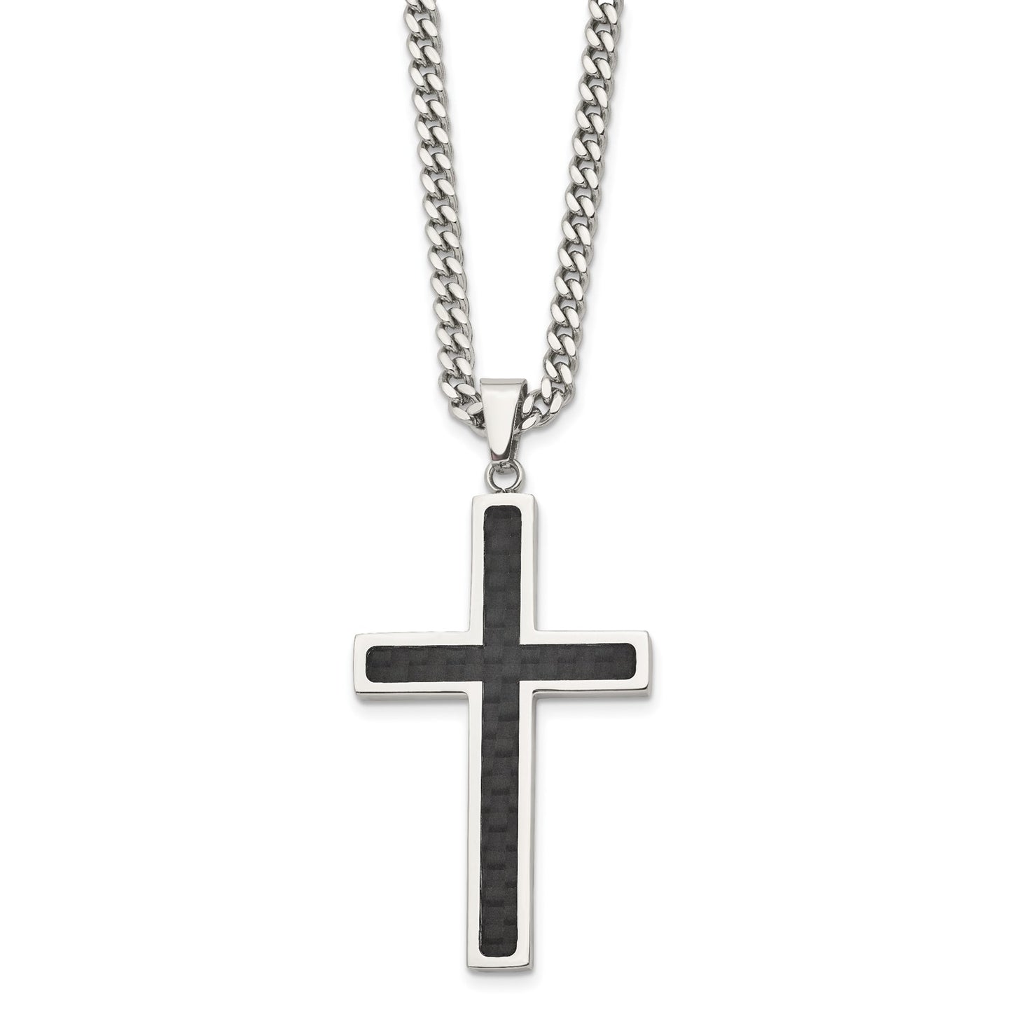 MJ Stainless Steel Polished with Black Carbon Fiber Inlay Cross Pendant on a 24 inch Curb Chain Necklace