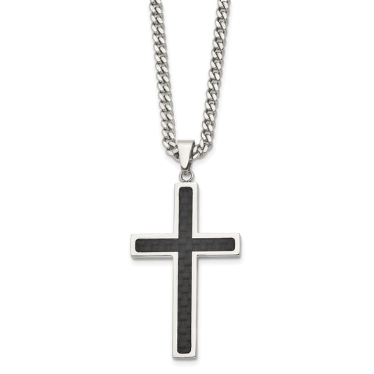 MJ Stainless Steel Polished with Black Carbon Fiber Inlay Cross Pendant on a 24 inch Curb Chain Necklace