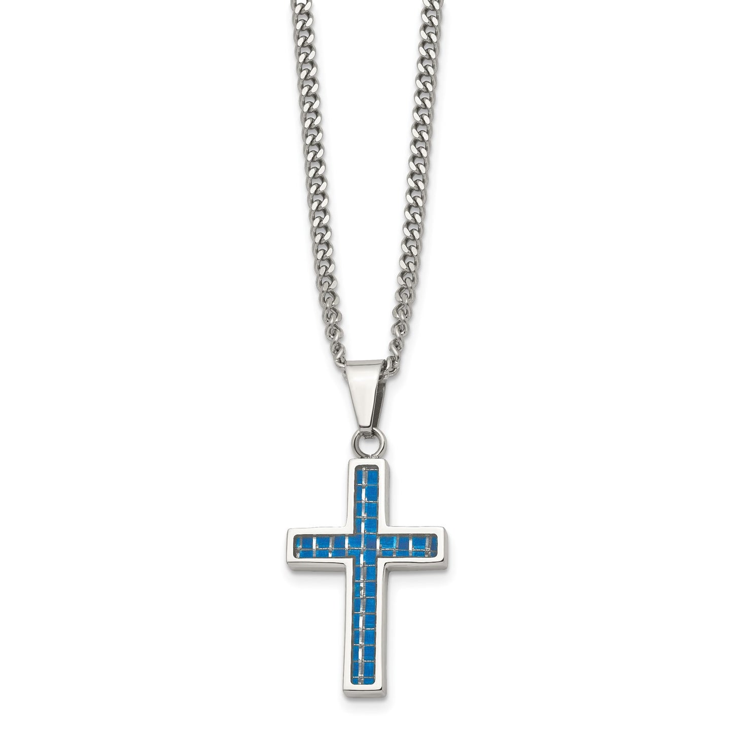 MJ Stainless Steel Polished with Blue Carbon Fiber Inlay Cross Pendant on a 20 inch Curb Chain Necklace