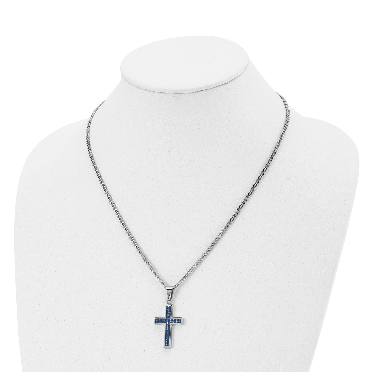 MJ Stainless Steel Polished with Blue Carbon Fiber Inlay Cross Pendant on a 20 inch Curb Chain Necklace