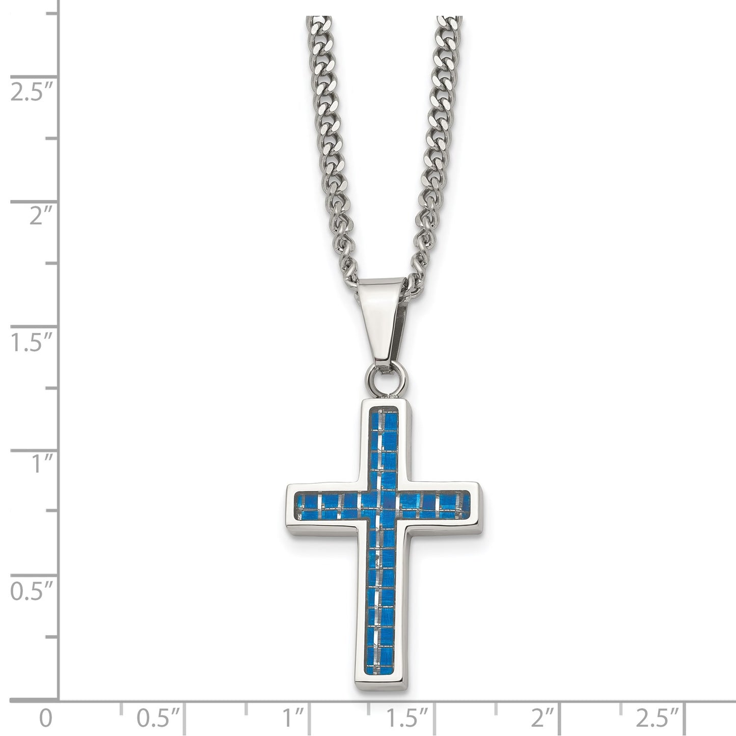 MJ Stainless Steel Polished with Blue Carbon Fiber Inlay Cross Pendant on a 20 inch Curb Chain Necklace