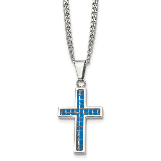 MJ Stainless Steel Polished with Blue Carbon Fiber Inlay Cross Pendant on a 20 inch Curb Chain Necklace