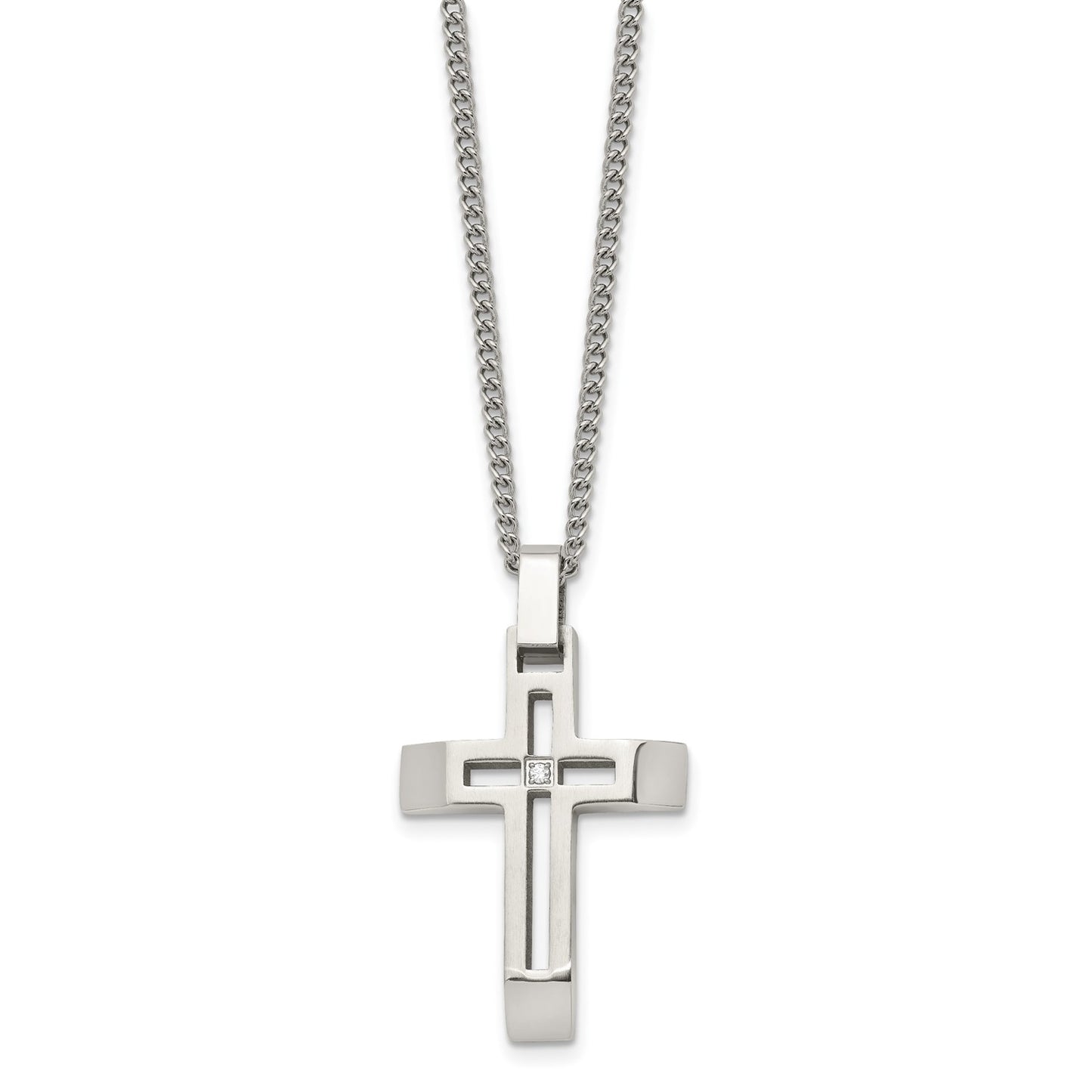 MJ Stainless Steel Brushed and Polished with CZ Open Cross Pendant on a 22 inch Cable Chain Necklace