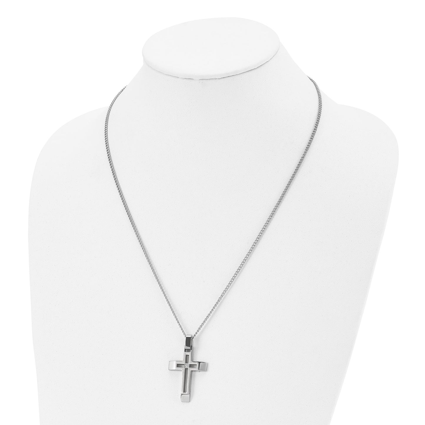 MJ Stainless Steel Brushed and Polished with CZ Open Cross Pendant on a 22 inch Cable Chain Necklace