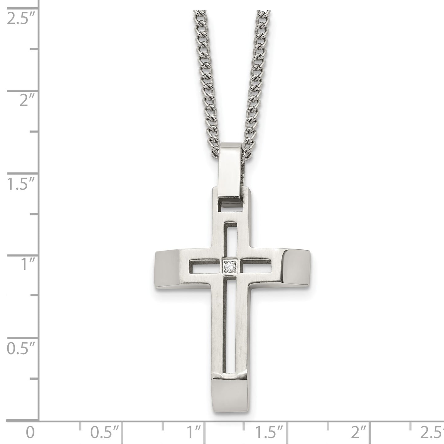 MJ Stainless Steel Brushed and Polished with CZ Open Cross Pendant on a 22 inch Cable Chain Necklace