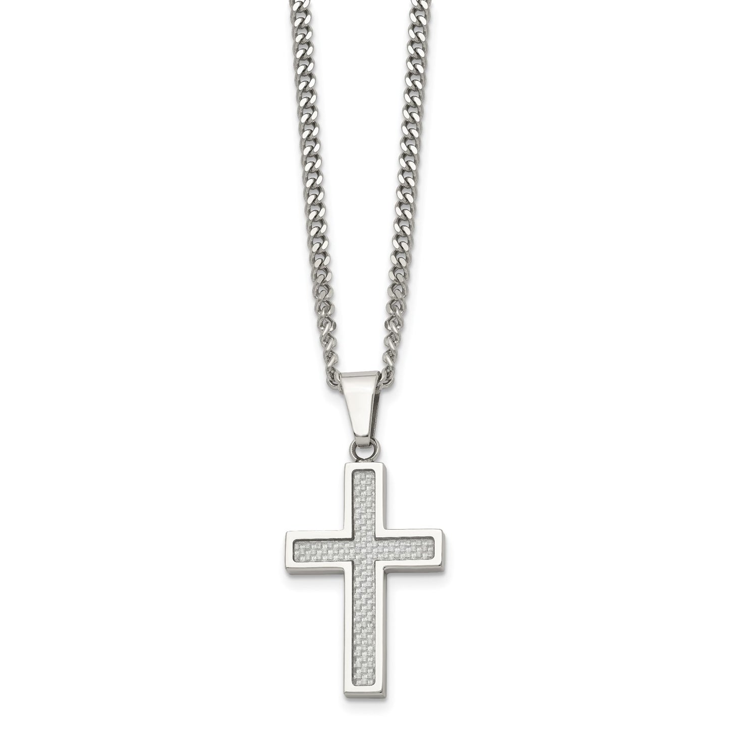 MJ Stainless Steel Polished with Grey Carbon Fiber Inlay Small Cross Pendant on a 20 inch Curb Chain Necklace