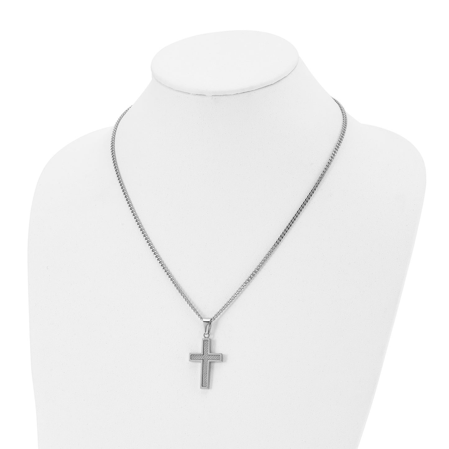 MJ Stainless Steel Polished with Grey Carbon Fiber Inlay Small Cross Pendant on a 20 inch Curb Chain Necklace