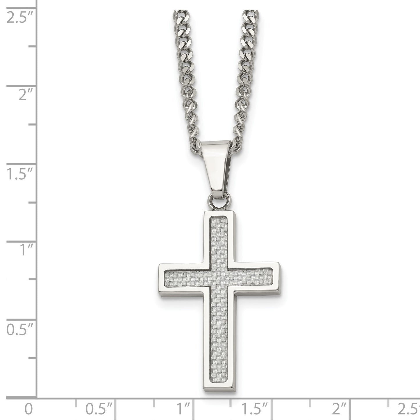 MJ Stainless Steel Polished with Grey Carbon Fiber Inlay Small Cross Pendant on a 20 inch Curb Chain Necklace