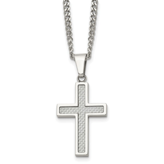 MJ Stainless Steel Polished with Grey Carbon Fiber Inlay Small Cross Pendant on a 20 inch Curb Chain Necklace