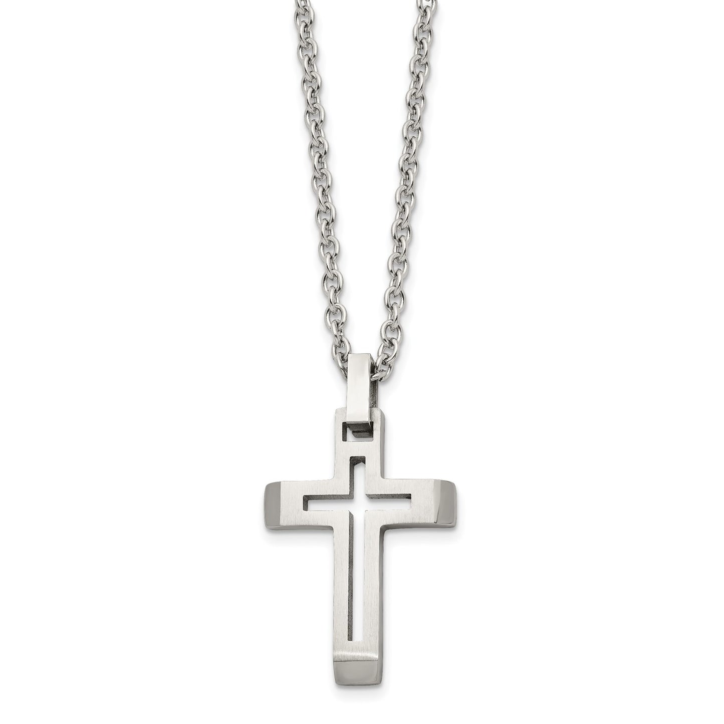 MJ Stainless Steel Brushed and Polished Cut-out Cross Pendant on a 20 inch Cable Chain Necklace