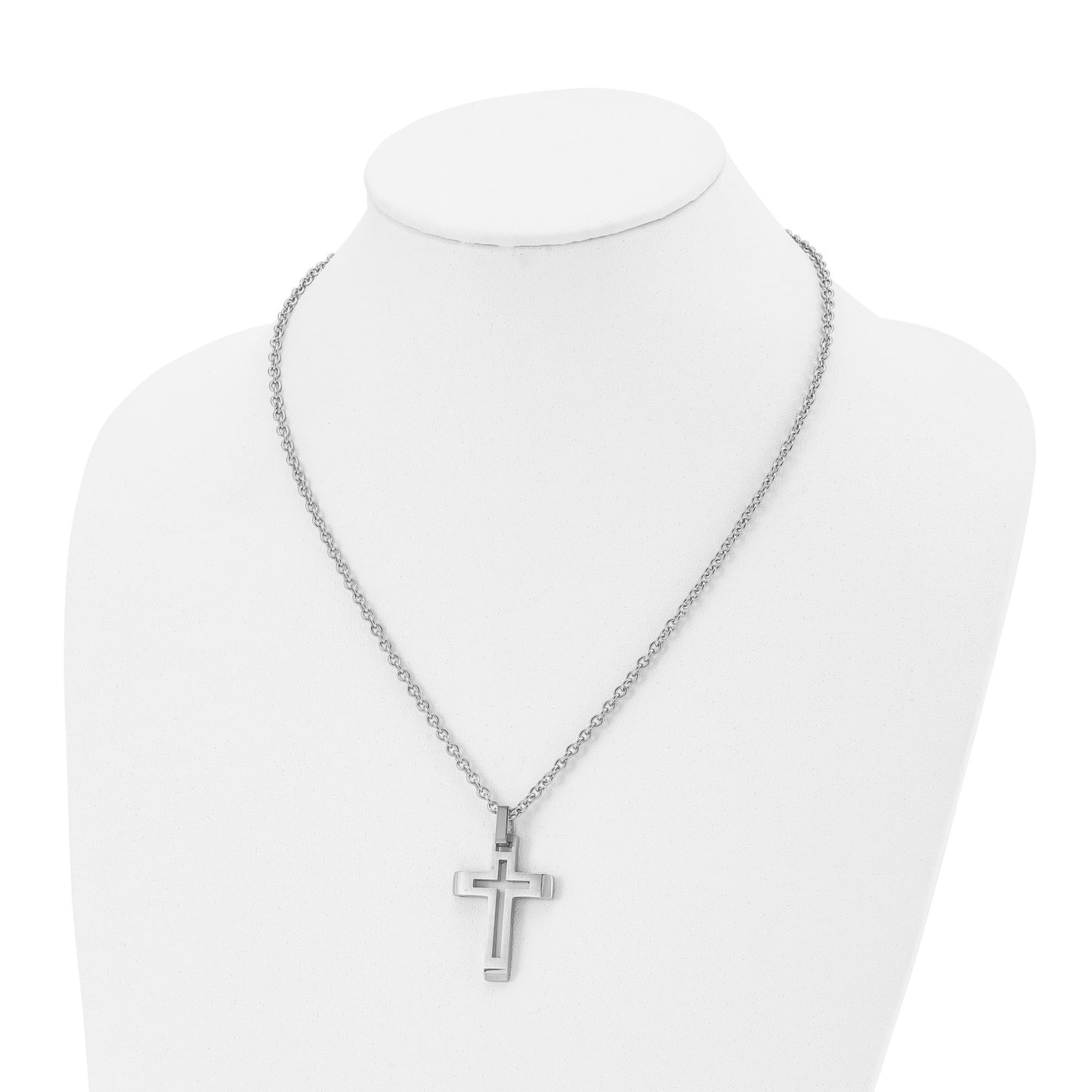 MJ Stainless Steel Brushed and Polished Cut-out Cross Pendant on a 20 inch Cable Chain Necklace