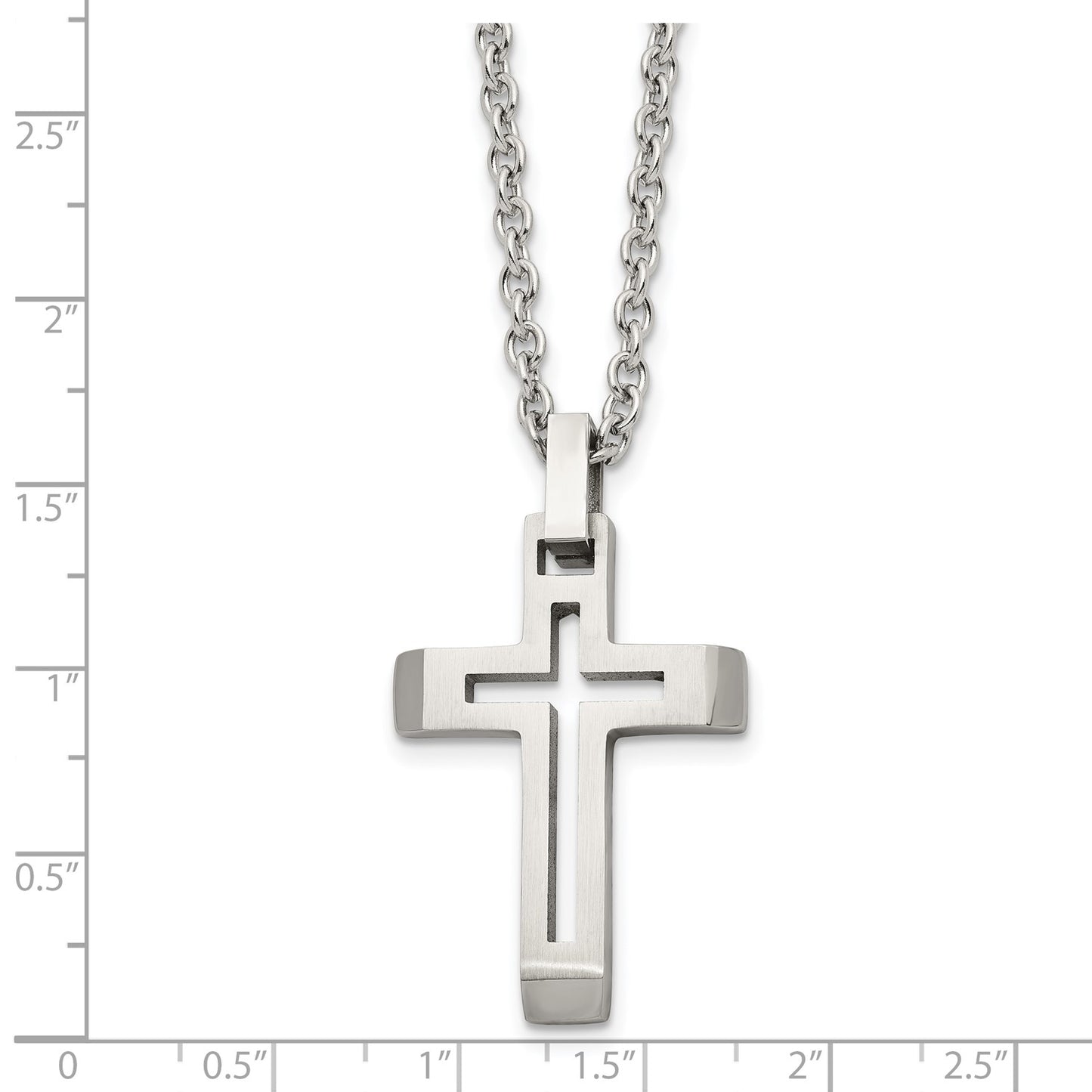 MJ Stainless Steel Brushed and Polished Cut-out Cross Pendant on a 20 inch Cable Chain Necklace