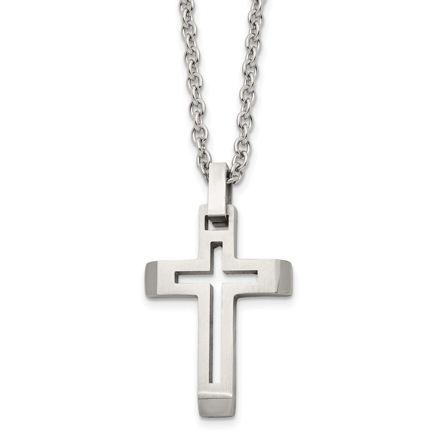 MJ Stainless Steel Brushed and Polished Cut-out Cross Pendant on a 20 inch Cable Chain Necklace