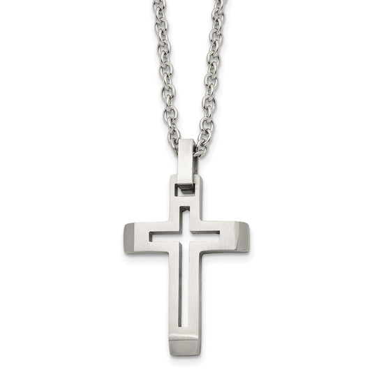 MJ Stainless Steel Brushed and Polished Cut-out Cross Pendant on a 20 inch Cable Chain Necklace