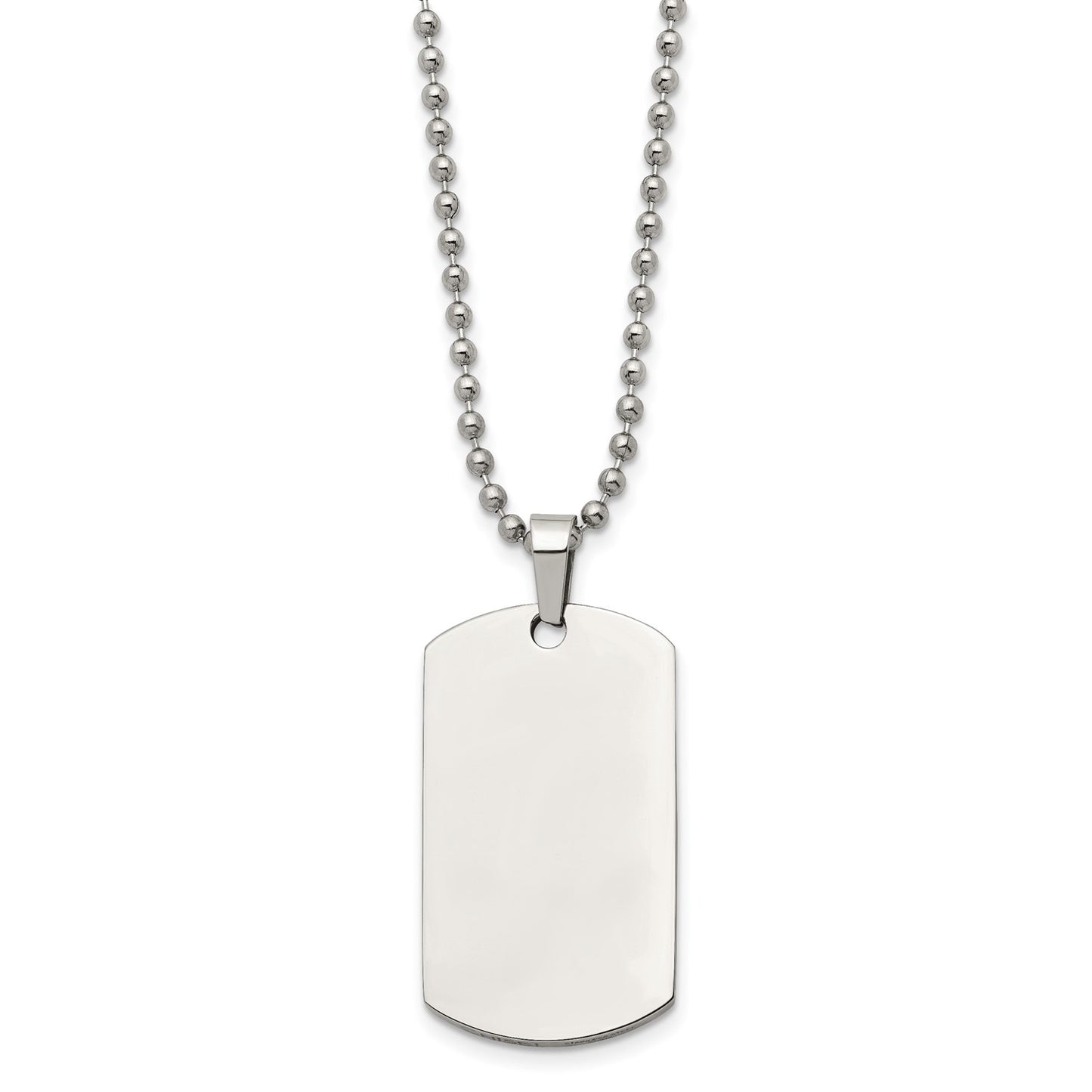 MJ Stainless Steel Brushed and Polished Rounded Edge 2mm Dog Tag on a 24 inch Ball Chain Necklace
