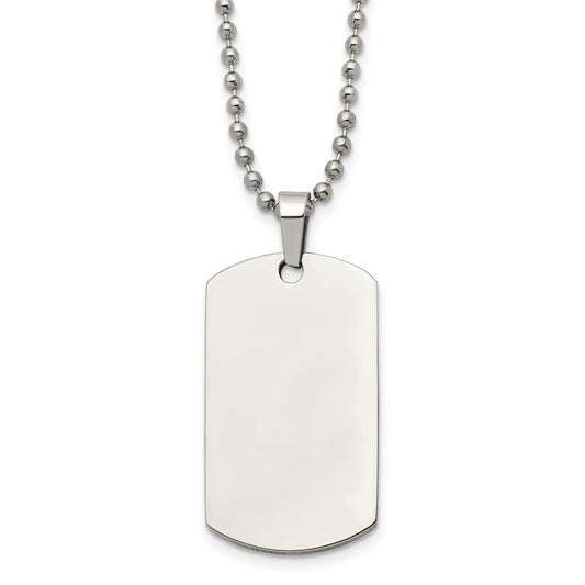 MJ Stainless Steel Brushed and Polished Rounded Edge 2mm Dog Tag on a 24 inch Ball Chain Necklace