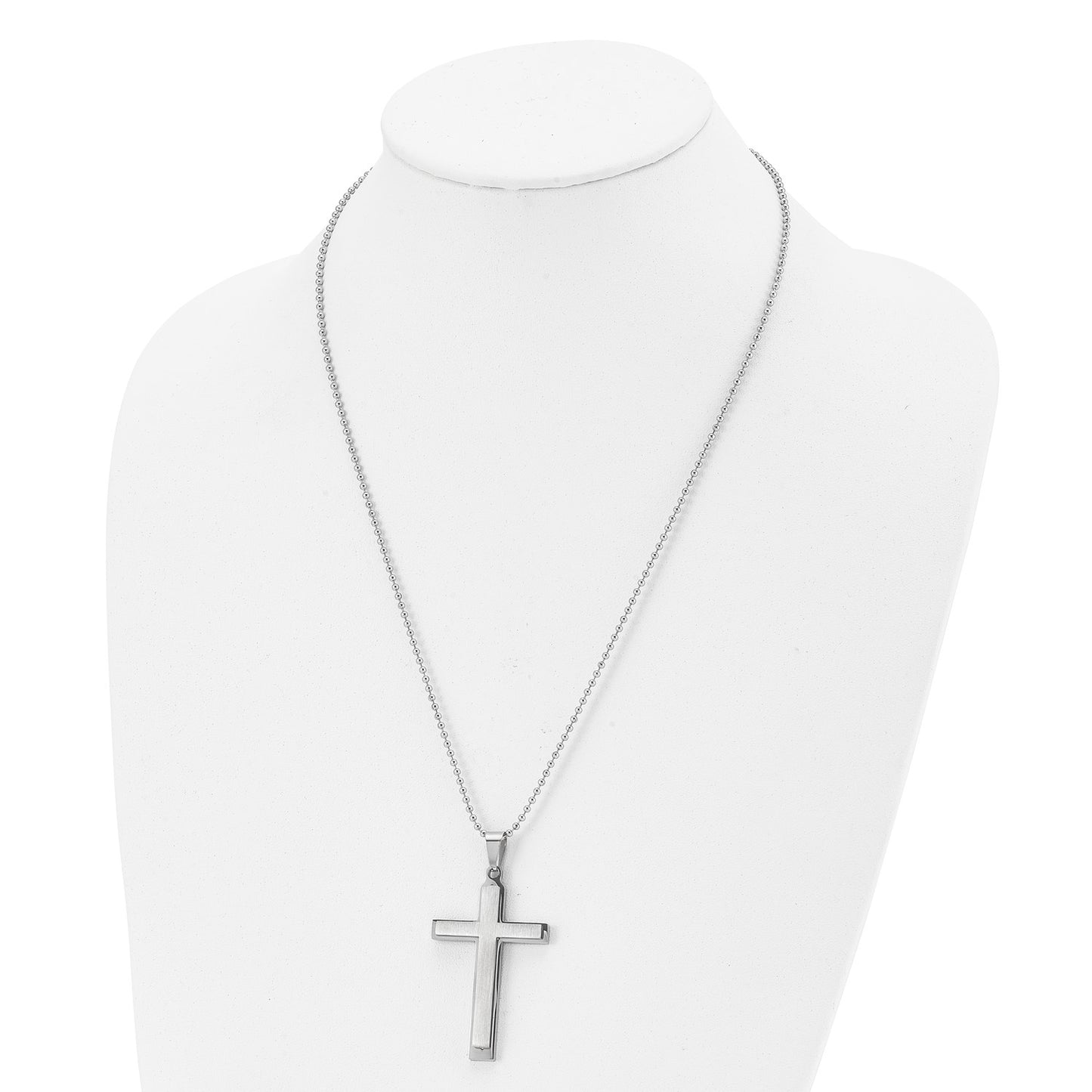 MJ Stainless Steel Brushed and Polished Layered Cross Pendant on a 22 inch Ball Chain Necklace