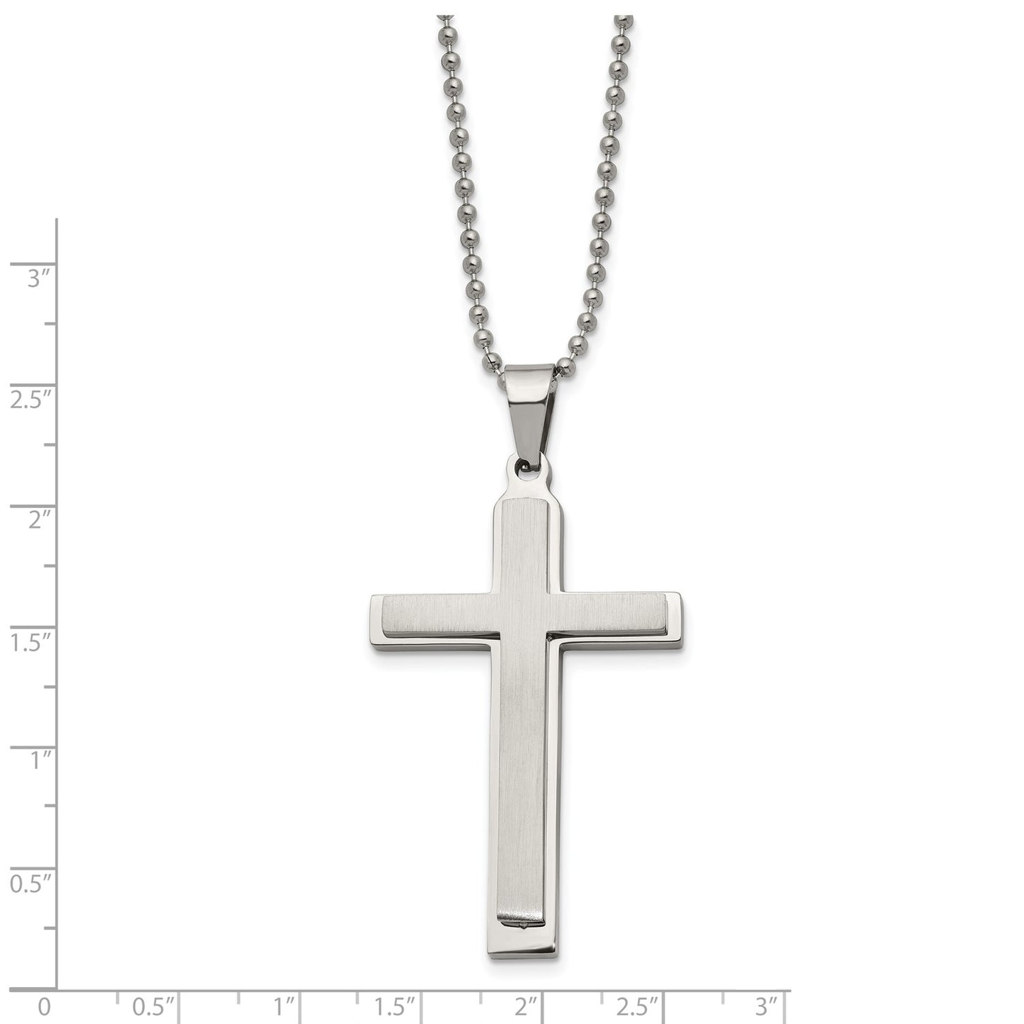 MJ Stainless Steel Brushed and Polished Layered Cross Pendant on a 22 inch Ball Chain Necklace