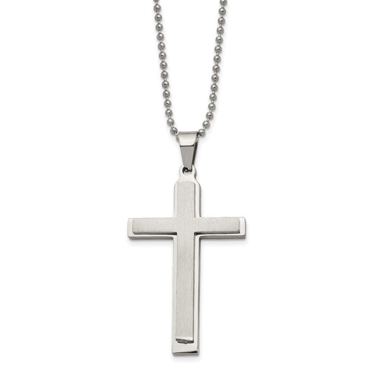 MJ Stainless Steel Brushed and Polished Layered Cross Pendant on a 22 inch Ball Chain Necklace