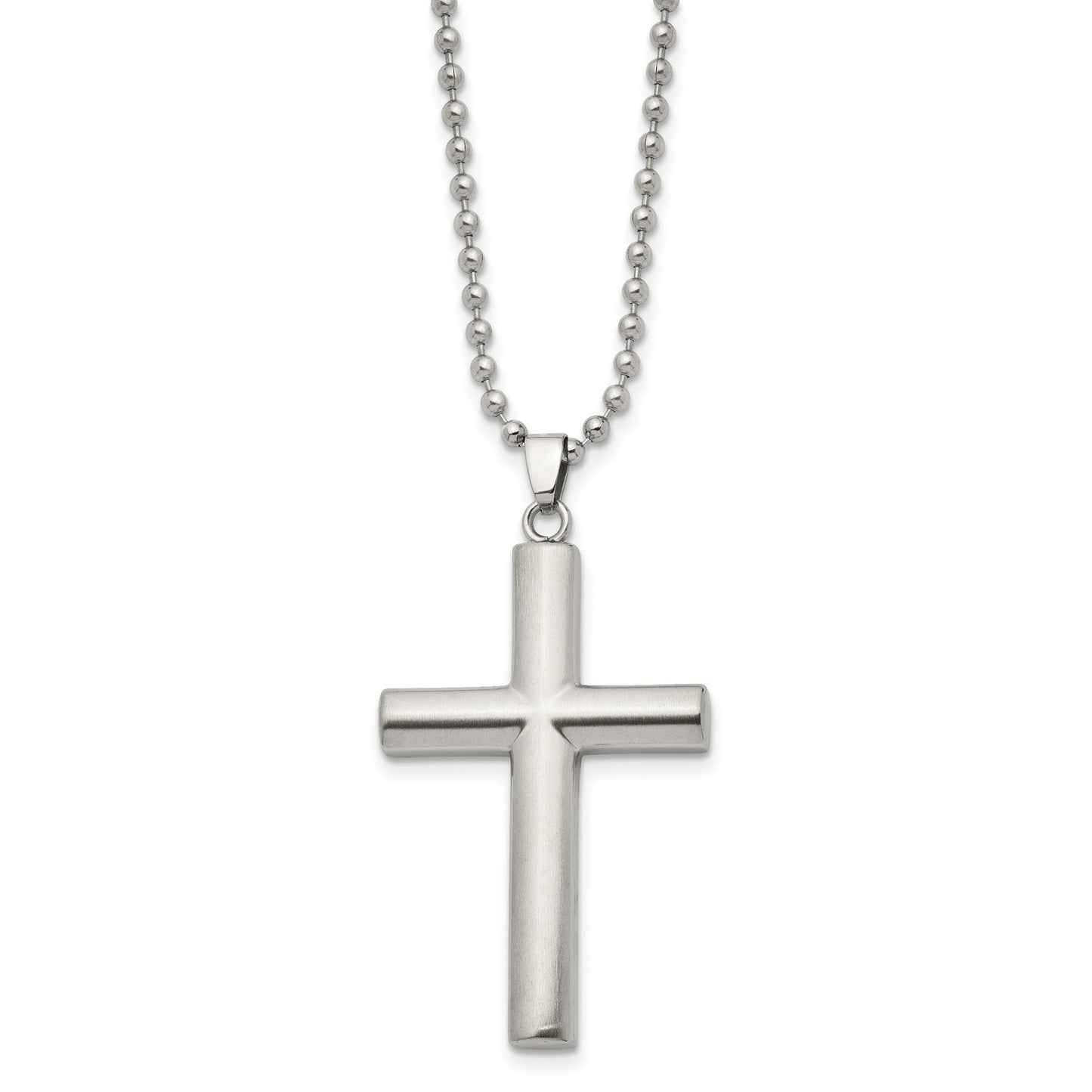 MJ Stainless Steel Brushed and Polished Cross Pendant on a 22 inch Ball Chain Necklace
