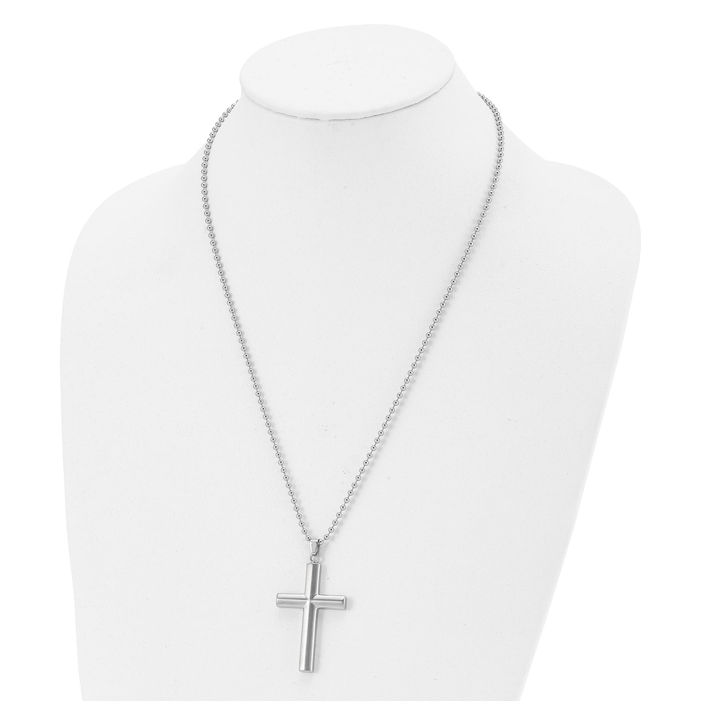 MJ Stainless Steel Brushed and Polished Cross Pendant on a 22 inch Ball Chain Necklace