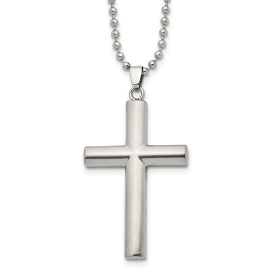 MJ Stainless Steel Brushed and Polished Cross Pendant on a 22 inch Ball Chain Necklace