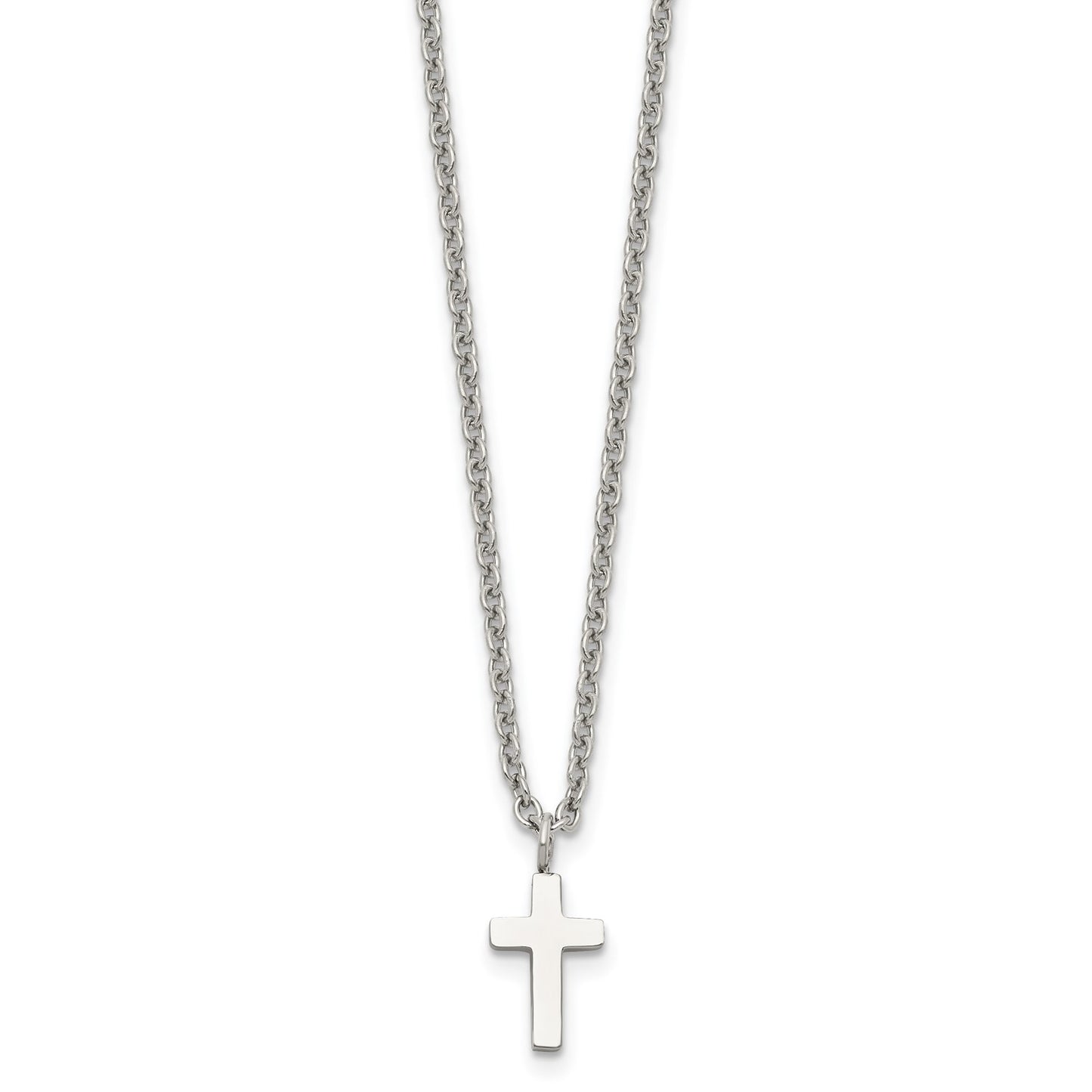 MJ Stainless Steel Polished 11mm Cross Pendant on an 18 inch Cable Chain Necklace