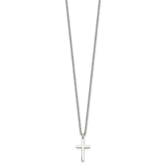 MJ Stainless Steel Polished 16mm Cross Pendant on an 18 inch Cable Chain Necklace